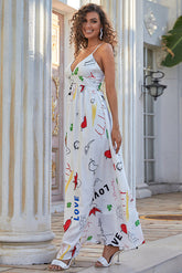 Weißes bedrucktes A-Linien-Maxikleid mit Spaghettiträgern